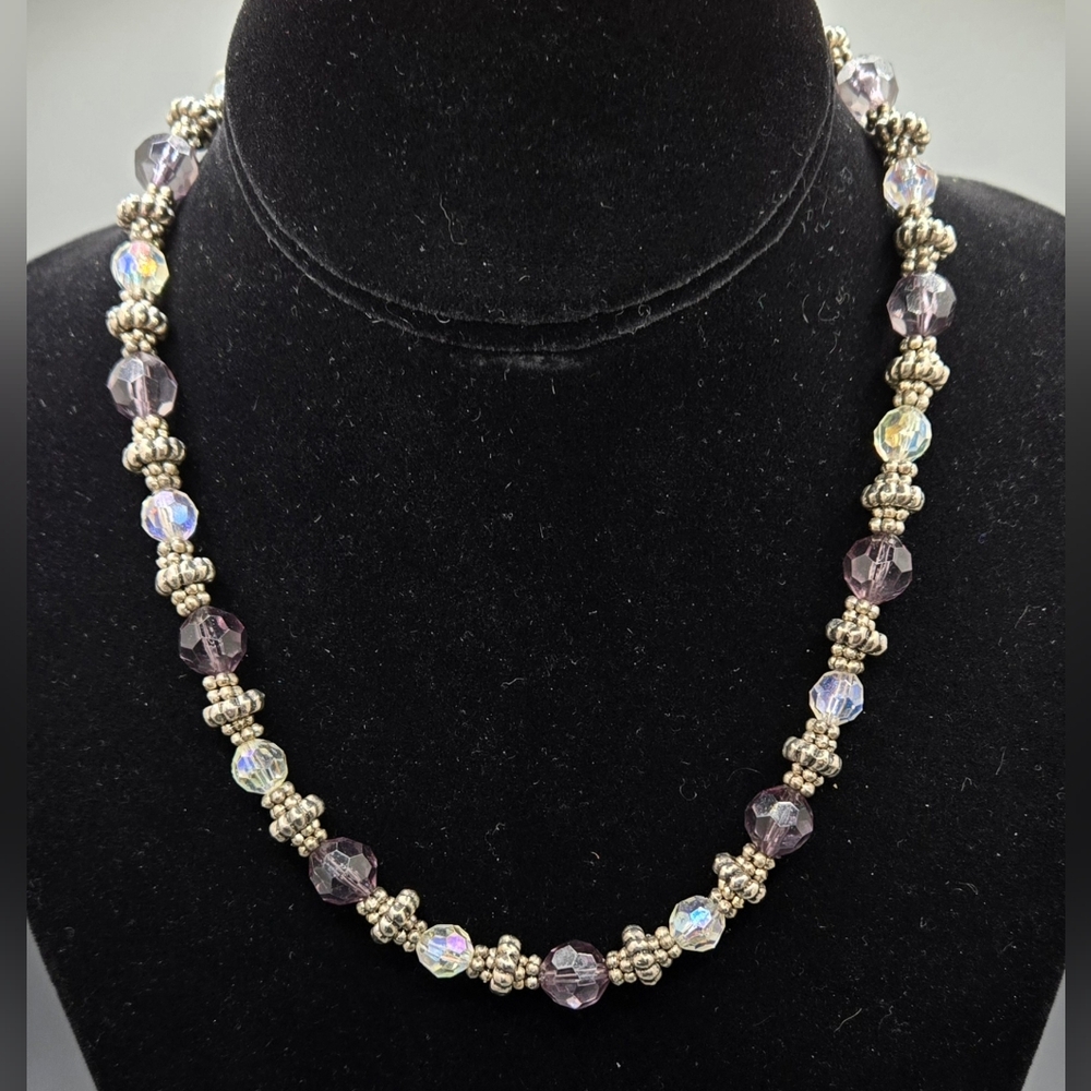 Faceted Bead Necklace Smoky Grey & Clear AB Beads w/ Silver Tone Spacers 15-17"